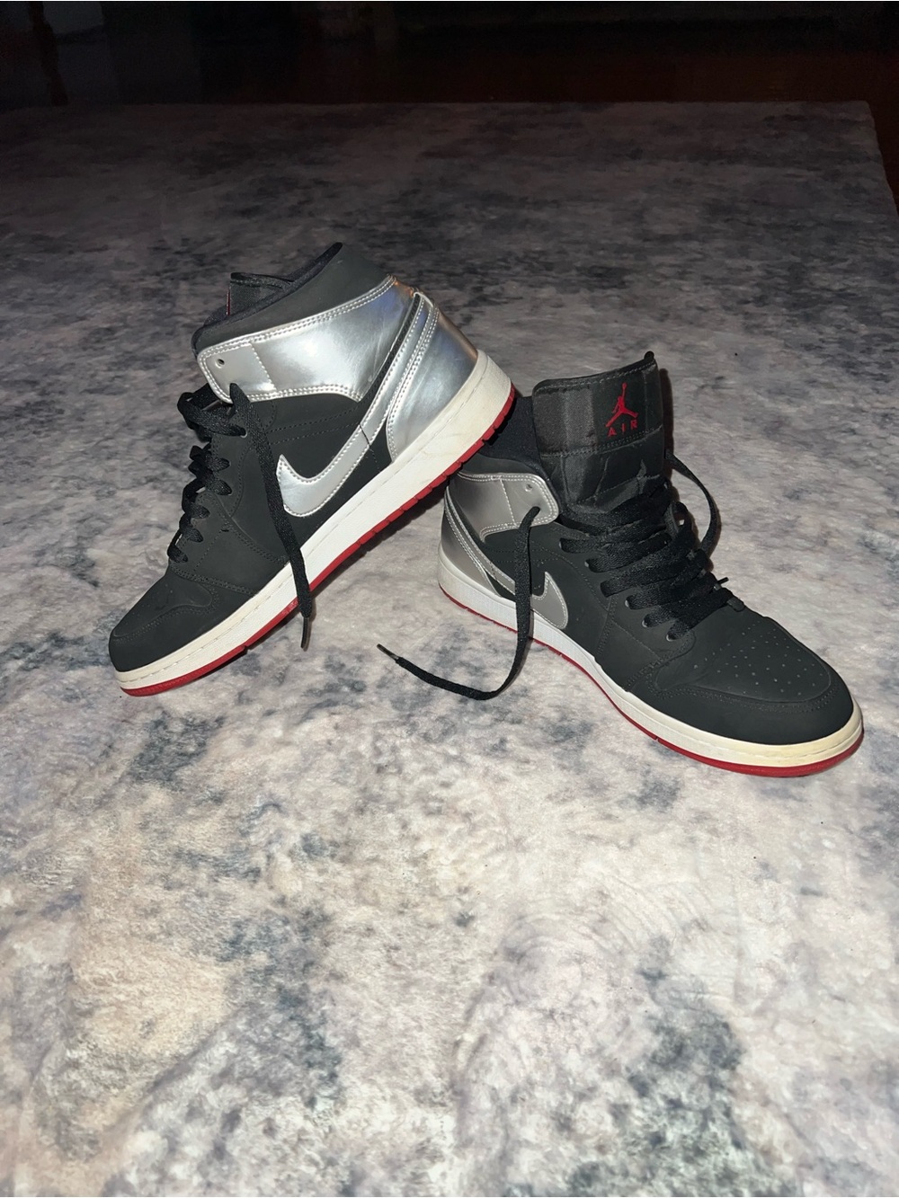 Nike Air Jordan 1 Mid Sneakers - Black, Metallic Silver & Red Size 10.5